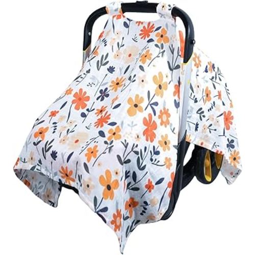 100% Muslin Summer Baby Car Seat Cover, Universal Fit Infant Car Seat Canopy, Breathable & Lightweight Sun, Weather Protection for Boys & Girls