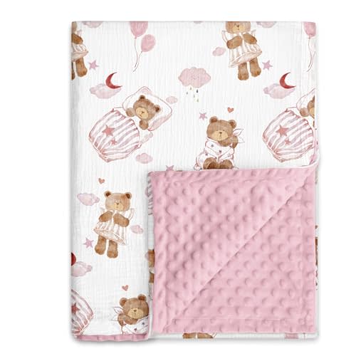 Muslin Baby Blankets for Boys & Girls, Soft Minky Back Toddler Blanket | Nursery Crib Blanket with Double-Layer Dotted Backing, Newborn Receiving Blanket,30''x40'', Pink Bear