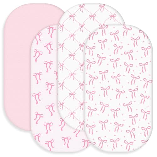 Peryiter 4 Pack Pink Bow Crib Sheets for Baby Girls Boys Coquette Bedding Set Fitted 32 x 16'' for Standard Crib Sheet Stretchable Soft for Toddler Aesthetic Nursery Decor Bassinet Mattress Gift Set