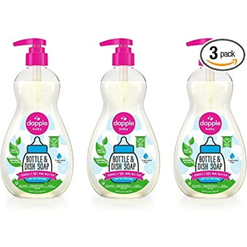 Dapple Baby Bottle Soap, Hypoallergenic Dish Soap for Baby Bottles, Powered by Plants, 1 Pump Included, Packaging May Vary, Fragrance Free, 16.9 Fl Oz (Pack of 3)