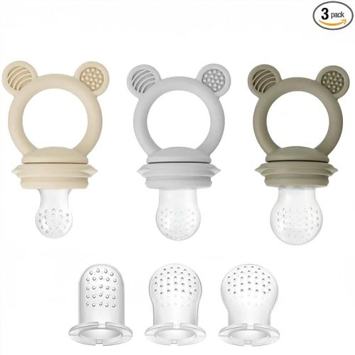 PandaEar 3 Pack Baby Fruit & Food Feeder Pacifier, Silicone Feeder Pacifier with 3 Sizes Pouches for Babies Toddlers Infants Kids, BPA-Free Food Grade Soft Safe (Tan/Grey/Brown)