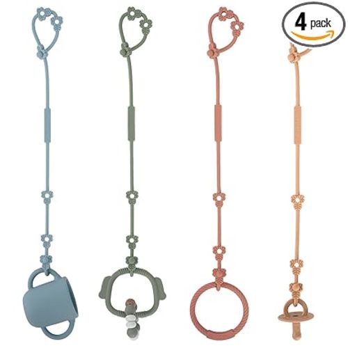 Toy Safety Straps, Silicone Pacifier Clips, Adjustable Stretchable Sippy Cup Straps for Strollers, High Chair, Cribs, Hanging Baskets, Car Seat, Shopping Trolley, 4 Pack, (Ether+Sage+Muted+Apricot)