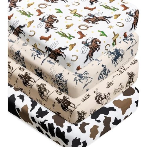 4 Pack Western Cowboy Crib Baby Sheets Western Neutral Breathable Fitted Baby Sheet Cowboy Nursery Sheets for Baby Boys or Girls (Crib Sheet)