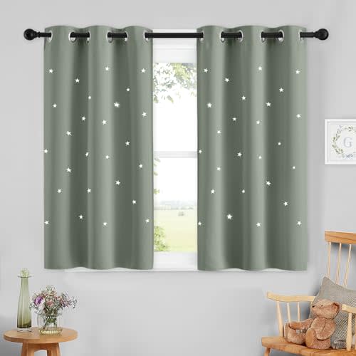 NICETOWN Blackout Star Curtains for Kids Room Boys Girls Twinkle Stars Thermal Insulated Cute Soft Curtain Drapes, Grommet Top Short Covering for Small Window, 1 Panel, 34" W x 45" L, Sage Green