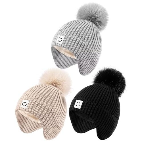 Alepo 3 Pack Baby Winter Hats with Earflaps, 2 Size Kids Pompom Beanie for Toddler Children, Smiley Face Hat for Girls Boys