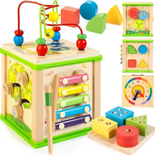 WOODMAM Wooden 7-in-1 Activity Cube, Montessori Toys for 1 2 Year Old