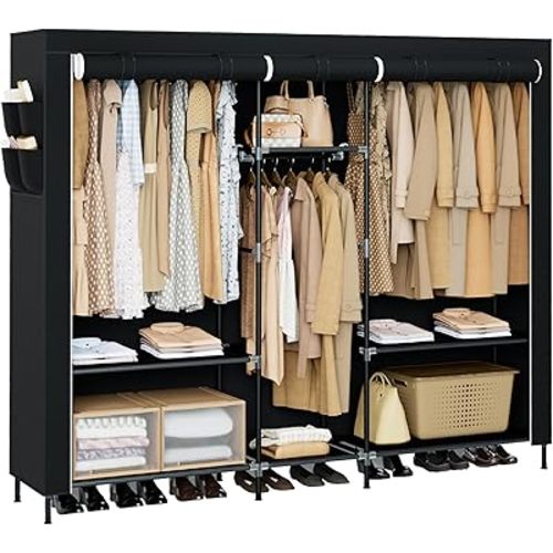 CASAMAYA Portable Closet, 77.6 Inch Extra Large Capacity Wardrobe Closet with Cover, Clothes Storage Organizer with Shelves and 3 Hanging Rods, Easy to Assembly, Black PCT223B01