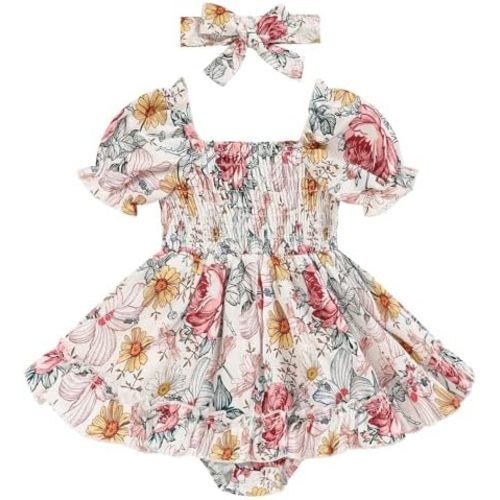 GRNSHTS Baby Girl Romper Dress, Puff Sleeve Smocked Outfit with Headband for Infants Soft Cotton Photo Shoot