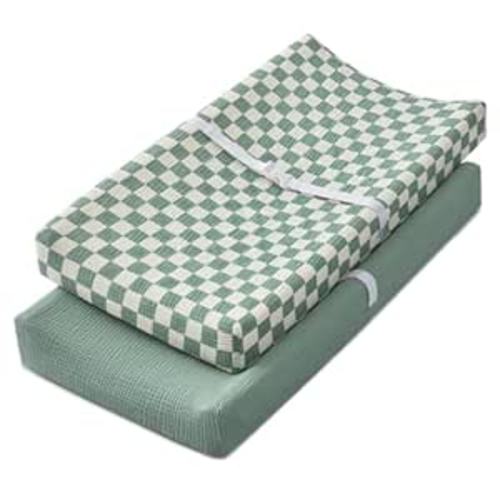 Blissful Diary Muslin Changing Pad Cover for Baby Girls Boys, Ultra Soft Breathable Cotton, Baby Diaper Change Table Pad Covers, 2Pack (Checkered Green & Sage Green)