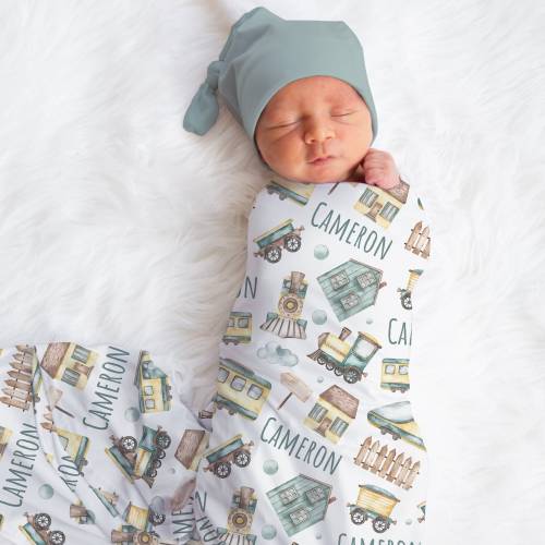 Custom Train Blanket, Baby Boy Train Swaddle, New Mom Gift, Newborn Gift, Train Baby Shower Gift