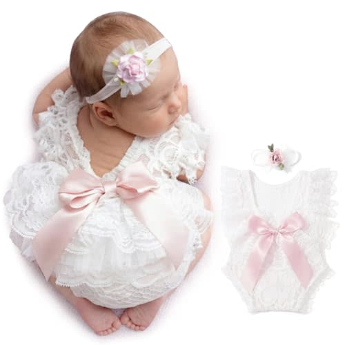 ForBaysy Infant Newborn Photography Props Girl Outfit Lace Romper with Cute Flower Headband Newborn Dress Posing Props