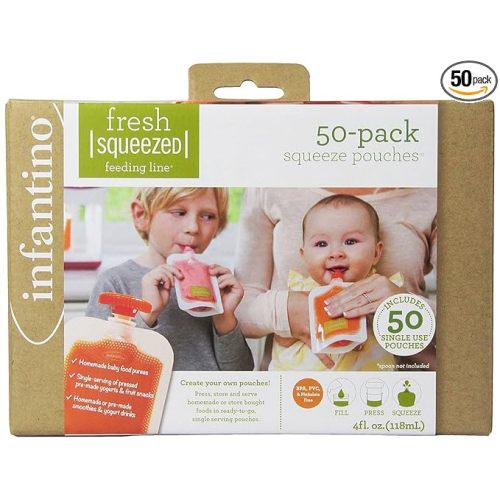 Infantino Disposable Squeeze Pouches - Pack of 50 Disposable Pouches for Portable Homemade semi-Solid Food for Babies and Toddlers, BPA and PVC Free, Freezer Safe