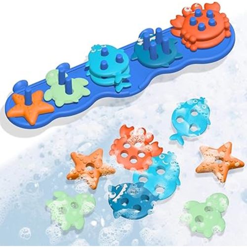 Silicone Baby Bath Toys – Stackable, Shape-Sorting Floating Set with 10 Mold-Free Textured Pieces, No-Hole Design – Early Learning Bathtub Toys for Toddlers and Kids