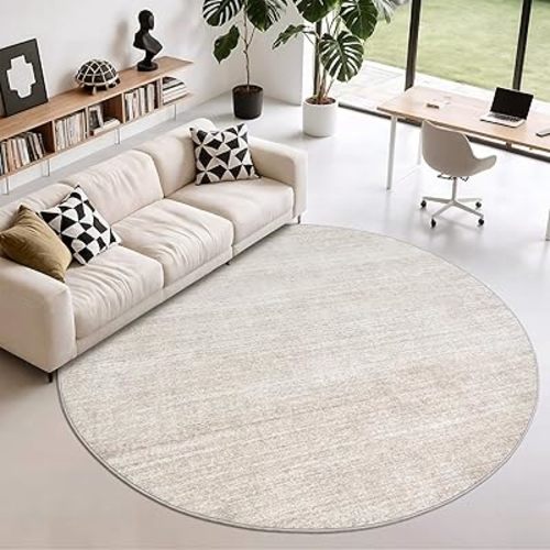 Valenrug Washable Round Area Rugs 6x6 - Stain Resistant 6ft Round Rugs for Living Room, Non Slip Backing Printed Rugs for Bedroom, Folable Machine Washable Area Rug (6ft, Beige)