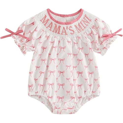 Ursobutegl Newborn Baby Girl Romper Mamas Mini Bow Plaid Print Puff Sleeve Smocked Bubble Romper Jumpsuit Bodysuit Clothes