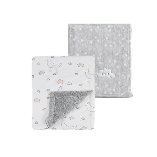 CREVENT 2Pcs 30''X40'' Cute Cozy Fluffy Warm Baby Blankets for Infants Toddlers' Bedding Crib Cot Stroller - Grey Cloud + Minky Night