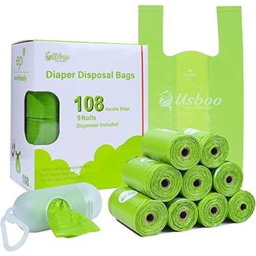Disposable Diaper Bags for Baby, 9 Refill Rolls/108 Bags,OXO-Biodegradable Diaper Sacks with Dispenser,Easy-Tie Handles,Large Dirty Diaper Disposal or Pet Waste Bags