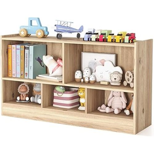 HOMGX Wooden Montessori Shelf for Kids, 5-Section Storage Cabinet, 2-Tier Open Kids Bookshelf, Toy Storage Organizer for Playroom, Classroom, Natural