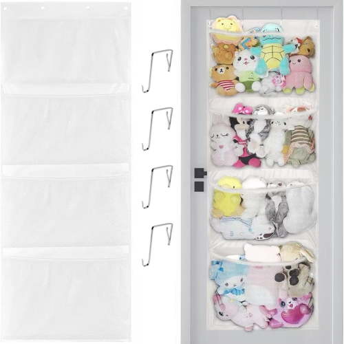 Stuffed Animal Storage, Over the Door Organizer with 4 Large Pockets, Hanging Door Toy Organizer for Bedroom, Bathroom, Pantry, White