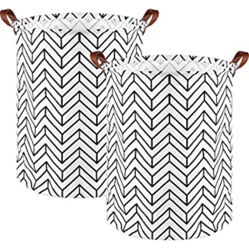 [2 Pack] Collapsible Laundry Basket, Large Round Waterproof Laundry Hamper, Foldable Storage Organizer with Leather Handles for Dirty Clothes (white)