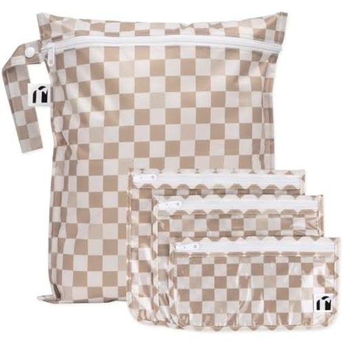 Bumkins Roamio Waterproof Wet Bag & Clear Travel Bags - For Beach, Baby, Travel, Swim Suit, Cloth Diapers, Pump Parts, Pool, Gym, Toiletries - Reusable & Easy to Clean - Beige Check - 4 Pack