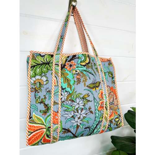 Blue Botanical Quilted Cotton Tote Bag