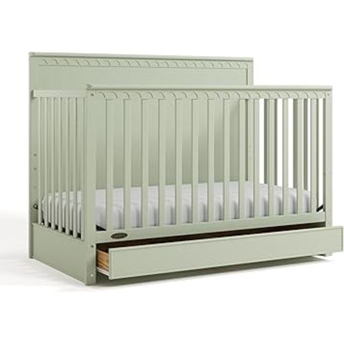 Graco Sasha 5-in-1 Convertible Crib with Drawer (Sage) – GREENGUARD Gold Certified Wood Crib, Converts to Toddler Bed, Daybed, Full-Size Bed, Stylish Classic Design