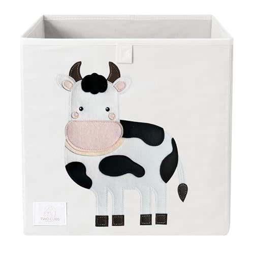 Two Cubs Foldable Kids Toy Storage Box - 13"x13" Cube Organizer Bin with Durable 2.6mm Plastic Plate Boards, Cow Design in White - Collapsible Nursery & Playroom Storage, Fits IKEA Kallax Shelves