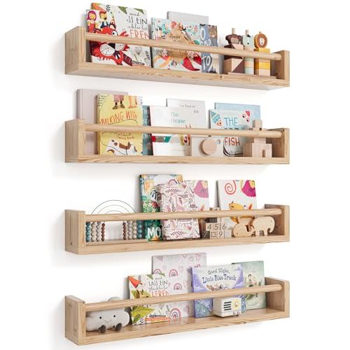 Nursery Wall Bookshelf Set of 4, Floating Bookshelves for Kids' Rooms, Toddler Bedroom Decor, Nursery (Wood, 23 Inches)