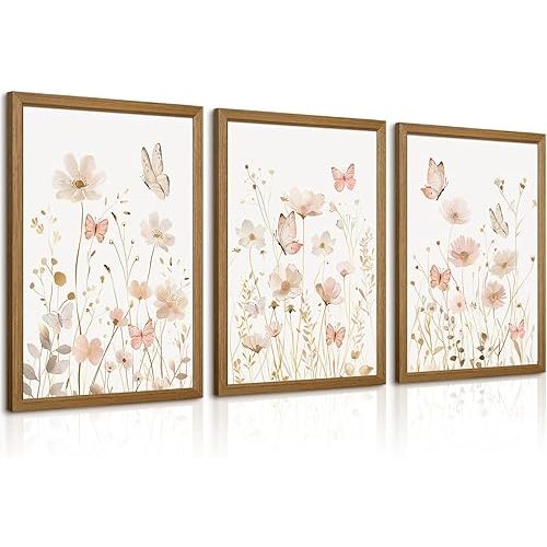 Pink Floral Wall Art Vintage Nursery Wildflower Canvas Wall Decor Watercolor Flower Prints Pink Boho Botanical Poster Butterfly Pictures Gold Beige Floral Painting for Bedroom 16x24x3 Inch Wood Framed