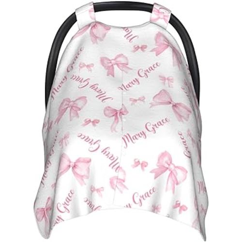 Custom Baby Car Seat Cover with Name – Personalized Pink Bows Nursing Cover, Infant Carseat Canopy, Shopping Cart Cover – Soft, Breathable & Warm – Ideal Shower Gift for Baby Girls