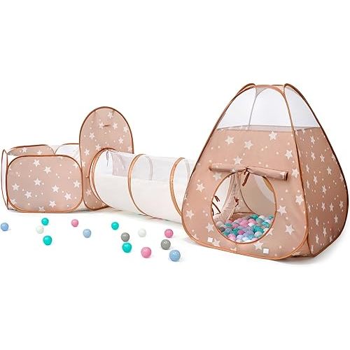 3 in 1 Pop Up Kids Play Tent with Tunnel and Ball Pit for Kids, Boys, Girls, Babies and Toddlers, Indoor/Outdoor Playhouse, Brown/Apricot