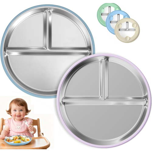 USIONE 9" Stainless Steel Toddler Divided Plates with Suction, Set of 2 (Blue & Purple) - Non Toxic, BPA Free, Non Slip, Unbreakable with Removable Silicone Sleeves