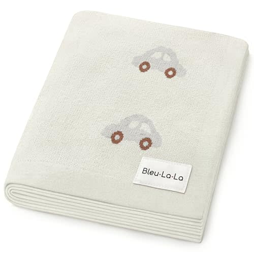 Bleu La La Knit Baby Blanket for Girls and Boys 100% Cotton Buttery Soft Cozy Receiving Swaddle Stroller Blanket for Shower Gift Registry for Newborns, Infants, Toddlers (Cars - Cream)