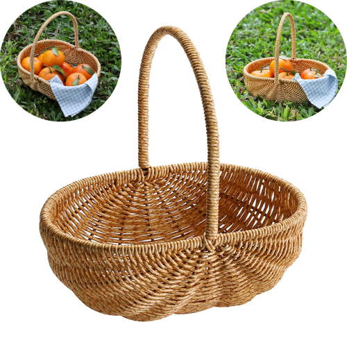Rattan Basket with Handle, Woven Harvest Basket for Easter Picnic Fruit Flower Storage Organizing Vintage Style