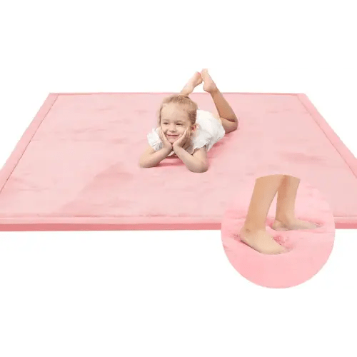 Huloo Sleep Baby Play Mat for Floor,1.3" Thick Elasti-Foam 50x50 Playpen Mat for Toddlers Infant Kids,Water-Repellent Soft Coral Velvet Tummy Time Mats,Non Slip Crawling Mats,Tatami Style(Pink)