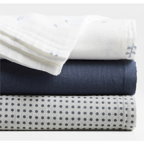 Mixed Print Coy Blue Organic Cotton Gauze Baby Swaddle Blankets, Set of 3