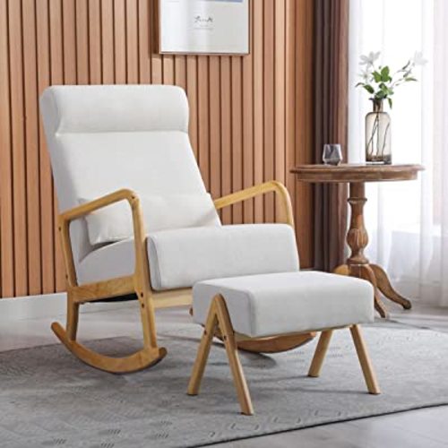 HOMREST Nursery Rocking Chair with Ottoman, Rocker Glider Chair Mid-Century Modern Upholstered Rocking Chair with Footrest& Thick Padded Cushion for Living Baby Room, Bedroom（White）