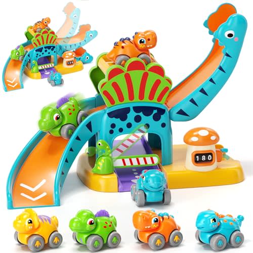 Lehoo Castle Dinosaur Race Track Toy with 4 Push Cars for Boys 1-2 | Car Slide Parking Garage Playset , Baby Car Ramp Toy, 1st Birthday Gift for 12-18 Month Old Boys