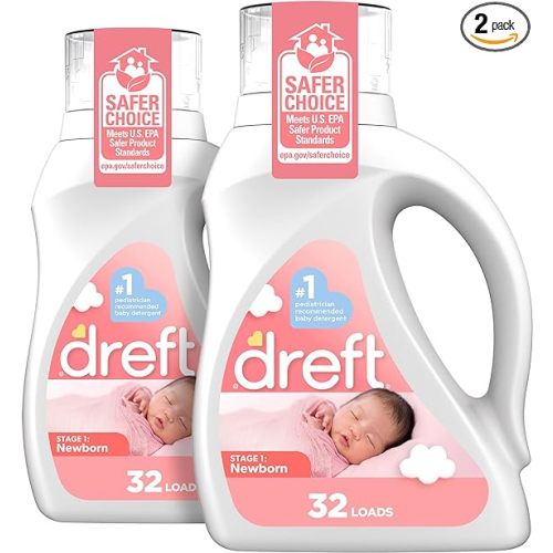 Dreft Newborn Baby Liquid Laundry Detergent, Gentle on Sensitive Skin, HE Compatible, 2 pack, 32 loads each