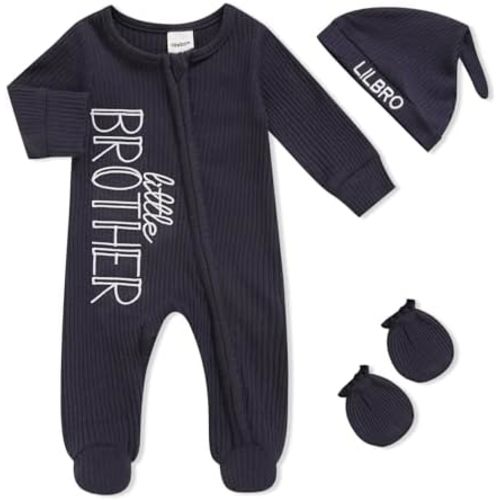 Newborn Baby Boy Outfits Zippered Romper Letter Embroidered Coming Home Jumpsuit with Hat Mittens