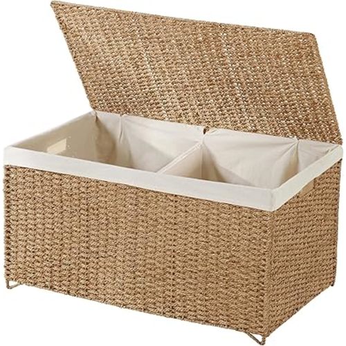 PrimeZone Double Storage Basket With Lid - 160L(42.3 Gallon) Seagrass Woven Rattan Laundry Hamper, Large Foldable Toy Box Blanket Storage Bin Trunk with Removable Liner for Bedroom, Bathoom, Natural