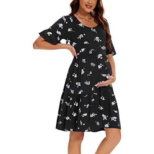 Smallshow Women's Maternity Dress Ruffle Short Sleeve Pregnancy Clothes Summer