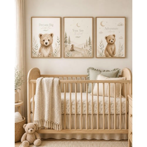 Neutral Bear Nursery Wall Art Set of 3, Gender Neutral Baby Room Printable, Woodland Bear Decor, Baby Shower Gift