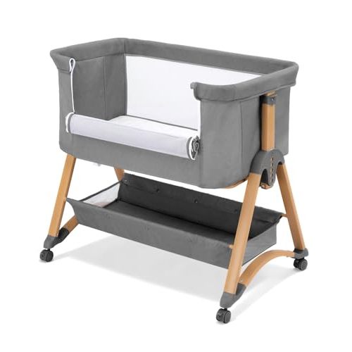 Baby Bassinet Bedside Bassinet with Large Storage Basket, Cozy Mattress, Rocking Mode, Adjustable Heights, Portable Bedside Crib for Newborn(Dark Grey)