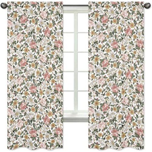 Sweet Jojo Designs Vintage Floral Boho Window Treatment Panels Curtains - Set of 2 - Blush Pink, Yellow, Green and White Shabby Chic Rose Flower Farmhouse