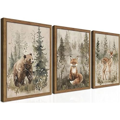 Framed Woodland Wall Art Nursery Decor Set of 3, Cute Wild Animals Bear Fox Deer Canvas Wall Art, Nature Watercolor Prints, Animal Pictures Wall Decor for Baby Room Kids Bedroom – 12x16 inch