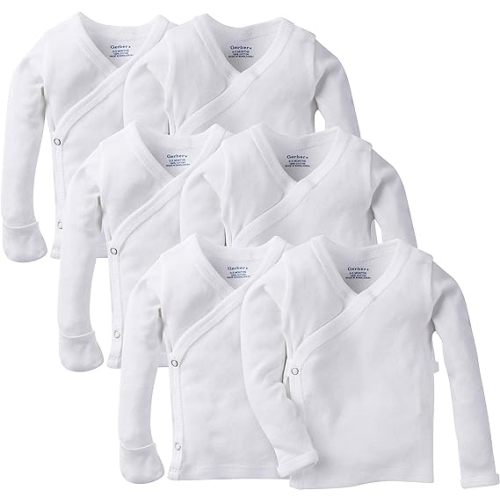 Gerber Baby 6-Pack Long-Sleeve Side-Snap Mitten-Cuff Shirt, white, Newborn
