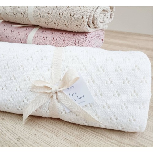 Classic white knit baby blanket, cotton pointelle first blanket, soft heirloom knit, special keepsake blanket can be personalised