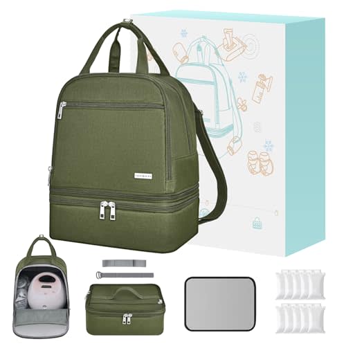 Breast Pump Bag with Insulated Cooler, Double-Layer Pumping Bag for Work & Travel, Fits Most Electric Breast Pumps, Includes 10 Ice Packs & Waterproof Mat, Detachable Bottle Cooler Tote, Green